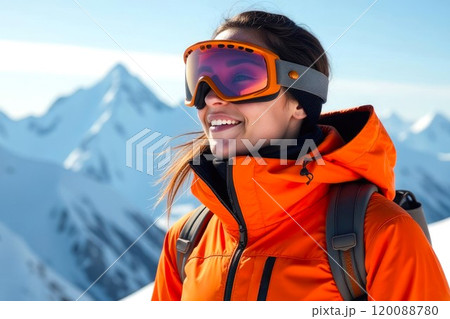 Female Snowboarder in Snowboarding Goggles and jacket standing in Snowy Mountains, Portrait of Happy Beautiful Woman Snowboarder, concept of Sports and Active Winter Recreation 120088780