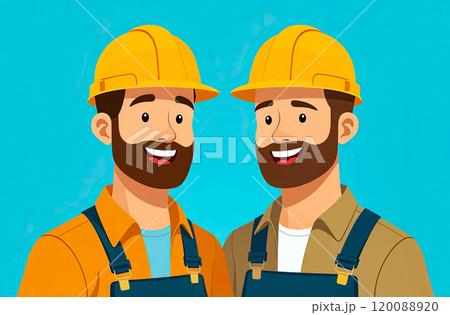 Two Construction Workers in uniform, isolated on blue background. Illustration of Happy Men Builders in helmets, Cartoon style	 120088920
