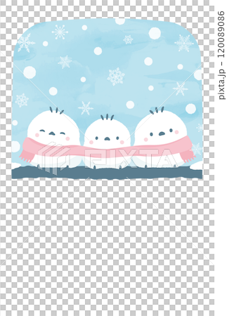 Winter snow scene and cute long-tailed tit bird hand-drawn illustration_January, mid-winter greetings, New Year's card closing, etc. 120089086