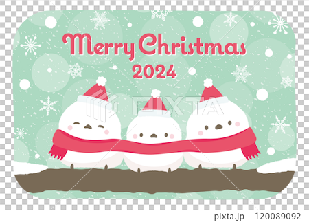 A Christmas card template with an illustration of a cute long-tailed tit (white bird) in a wintery snowy landscape. 120089092