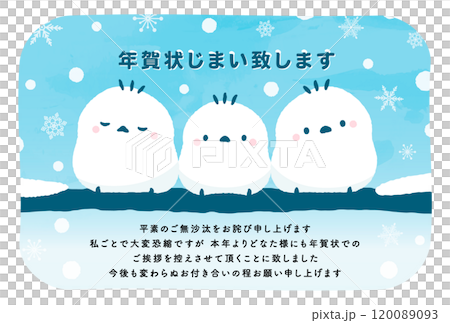 This New Year's card is perfect for the New Year, featuring a cute illustration of a long-tailed tit (white bird) in a wintery, snowy landscape. 120089093