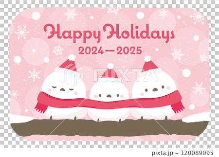 聖誕卡模板,插圖為冬季雪景中可愛的長尾山雀(白鳥)。 聖誕卡模板,插圖為冬季雪景中可愛的長尾山雀(白鳥)。 120089095