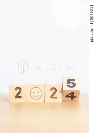 Happy New Year 2025 with Sad face block. Satisfaction, feedback, Review, mental health, eco sustainable and bad year concept 120089211