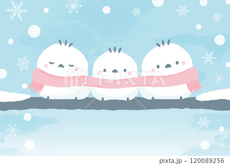 冬の雪景色とシマエナガのかわいい鳥手書きイラスト_1月・寒中見舞い・年賀状じまいなど 120089256