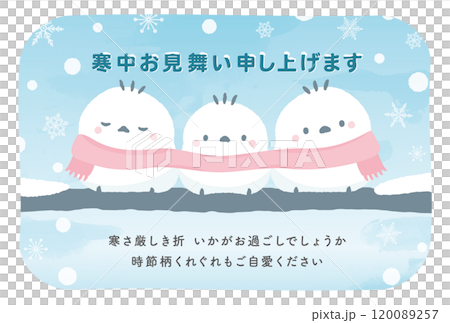 冬天的問候明信片,上面畫著一隻可愛的白尾蛾(白鳥),在冬天般的雪景中,非常適合新年的哀悼期。 冬天的問候明信片,上面畫著一隻可愛的白尾蛾(白鳥),在冬天般的雪景中,非常適合新年的哀悼期。 120089257