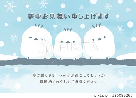冬らしい雪景色のかわいいシマエナガ(白い鳥)のイラストが描かれた喪中の正月に最適な寒中見舞いのはがき 120089260