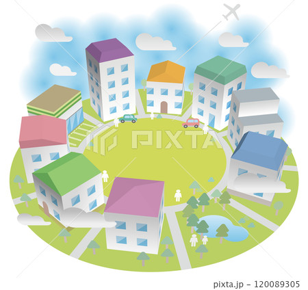 円形に並ぶ立体的な町並みと人々の暮らし　ベクターイラストレーション 120089305