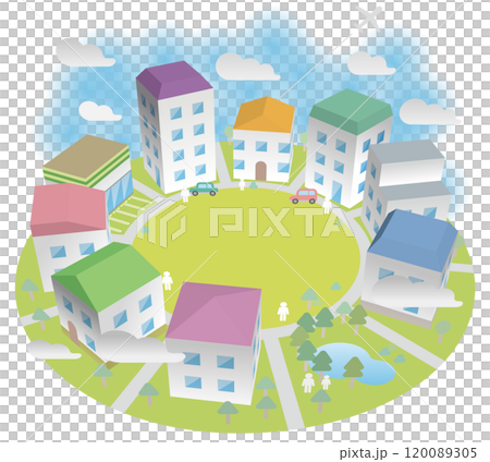 円形に並ぶ立体的な町並みと人々の暮らし　ベクターイラストレーション 120089305