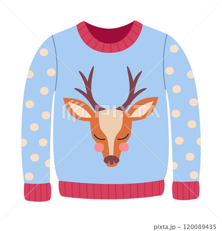 Blue sweater with cute deer. Hand drawn flat style isolated Blue sweater with cute deer. Hand drawn flat style isolated 120089435