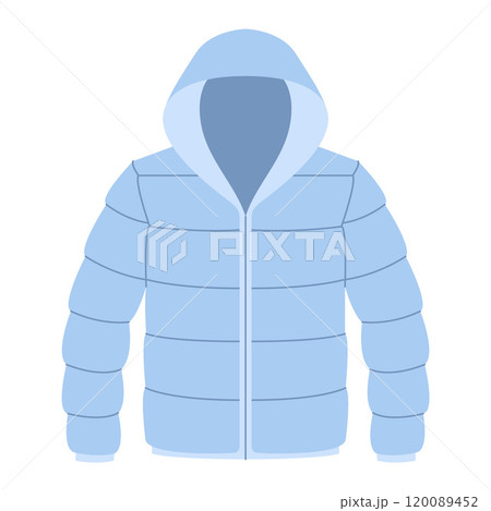 Blue puffed warm winter jacket with a hood. Hand drawn flat style isolated 120089452