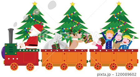クリスマスにサンタクロースとトナカイが蒸気機関車でプレゼントを渡しているイラスト素材です。 120089602