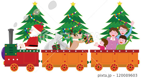 クリスマスにサンタクロースとトナカイが蒸気機関車でプレゼントを渡しているイラスト素材です。 120089603