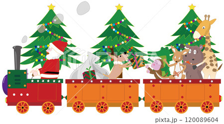 クリスマスにサンタクロースとトナカイが蒸気機関車でプレゼントを渡しているイラスト素材です。 120089604