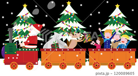 クリスマスにサンタクロースとトナカイが蒸気機関車でプレゼントを渡しているイラスト素材です。 120089605
