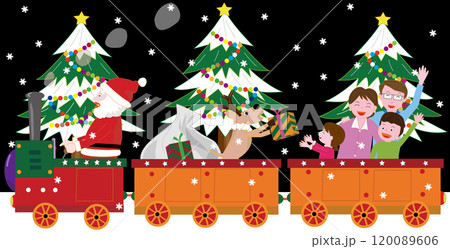 クリスマスにサンタクロースとトナカイが蒸気機関車でプレゼントを渡しているイラスト素材です。 120089606