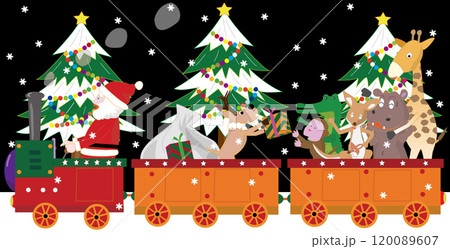 クリスマスにサンタクロースとトナカイが蒸気機関車でプレゼントを渡しているイラスト素材です。 120089607