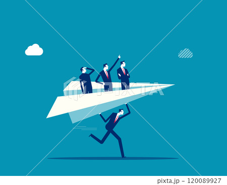 Mentor or support employee to success, manager to help or advice staff to reach goal, work coaching or adviser expert concept, businessman manager launching paper plane origami with team colleagues. 120089927