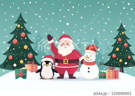 Santa claus with snowman and penguin in snow field with christmas trees. Cute cartoon. Santa claus with snowman and penguin in snow field with christmas trees. Cute cartoon. 120090001