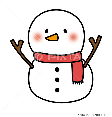 赤いマフラーをしたニンジンの鼻の雪だるまのイラスト素材 [120091189
