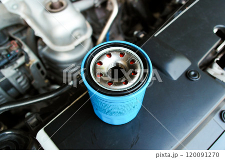 Automotive oil filter on engine bay , Car maintenance concept 120091270