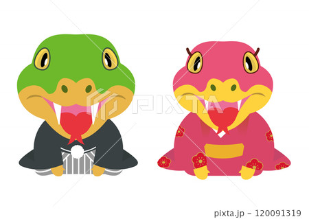 2025年年賀状素材　巳年　着物の可愛い夫婦の蛇のキャラクターのイラスト 120091319