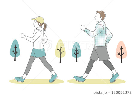 公園でウォーキングする男女のシンプルイラスト 120091372