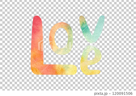 Word love hand written with colorful watercolor isolated on white background. Hand painted watercolor illustration. Perfect St Valentine day, for love cards, posters decor. Clip art. Graphic design 120091506