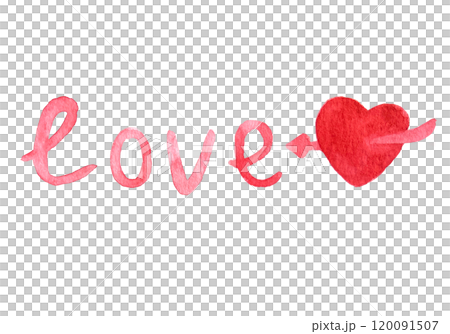 Word love hand written with italic, a heart pierced by an arrow isolated on white. Hand painted watercolor illustration. Perfect St Valentine day, for love cards, posters. Red clip art 120091507