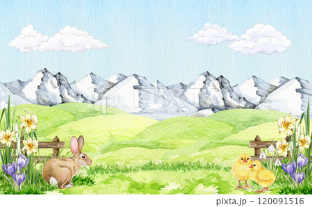 Spring season landscape background. Green grass, blooming flowers, farm animals hand drawn watercolor illustration. Background for Easter decor, seasonal cards, farm and nature countryside designs 120091516