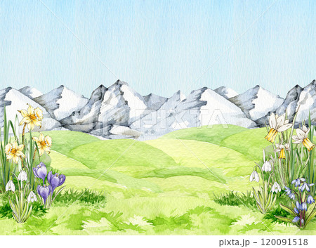 Spring season landscape background. Green grass, blooming flowers , mountain range hand drawn watercolor illustration. Background for Easter decor, seasonal cards and nature countryside designs Spring season landscape background. Green grass, blooming flowers , mountain range hand drawn watercolor illustration. Background for Easter decor, seasonal cards and nature countryside designs 120091518