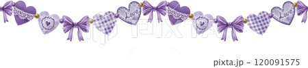 Valentines Day vintage hearts seamless border garland in lavender colors. Watercolor painted illustration heart garland element on white background. Perfect for romantic designs, holiday decoration 120091575