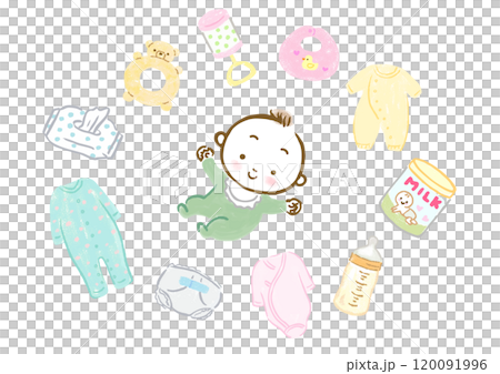 Hand-drawn illustration set of babies and baby goods Hand-drawn illustration set of babies and baby goods 120091996