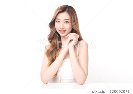 Beautiful young asian woman with clean fresh skin on white background, Face care, Facial treatment, Cosmetology, beauty and spa, Asian women portrait. 120092071
