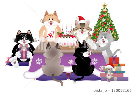 クリスマスにこたつでくつろぐネコ 120092166