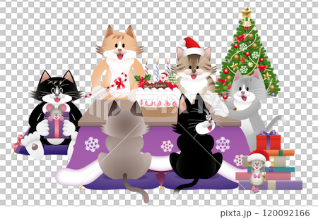 クリスマスにこたつでくつろぐネコ 120092166