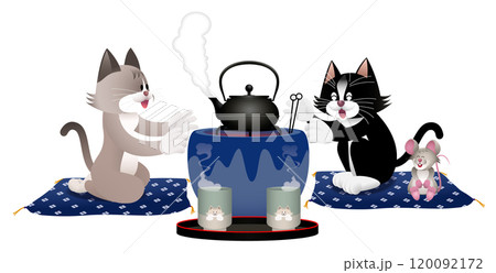 火鉢で暖まるネコ 120092172