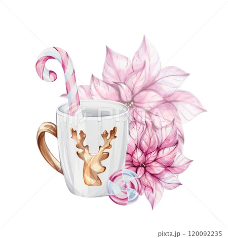Watercolor Christmas white mug with gold reindeer, isolated. Candy cane, poinsettia flowers. Noel. Template, elements for new year greeting cards, invitation, poster, celebration, banner, print, party 120092235