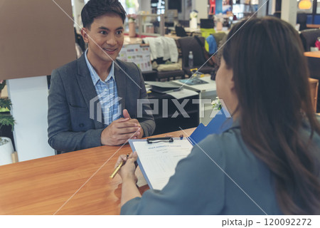 Job Interview with headhunter agent and applicant. Job HR applicants having an interview with Human resource manager jobs interviewing with confident candidate at business firm office give cv resume 120092272
