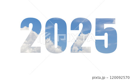 New Year 2025.  Text Number 2024 on blue sky and white clouds background.  120092570