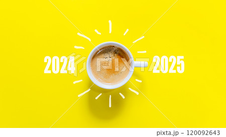 Happy new year and Merry Christmas 2025. Cup of coffee change and download 2024 to 2025  120092643