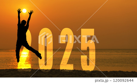 Silhouette happy people jumping congratulation and celebrate in Happy New year 2025 120092644