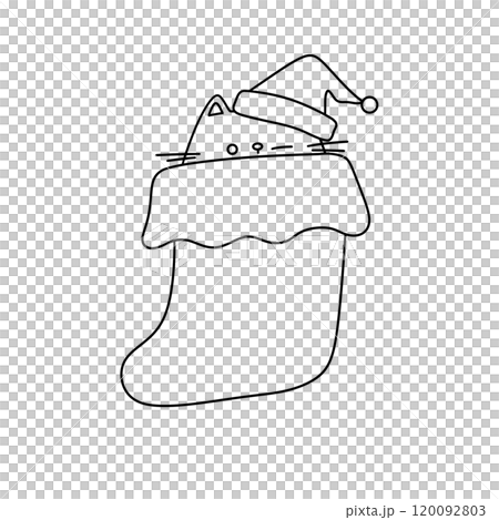 A cat is sitting in a stocking with a hat on top 120092803