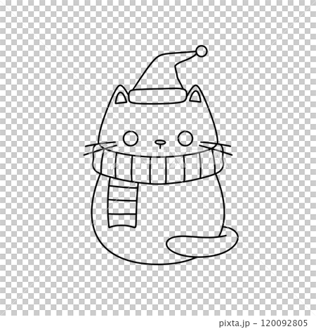 A cat is wearing a hat and scarf and is sitting on a white background 120092805