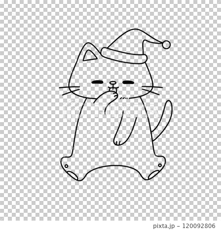 A cat is wearing a Santa hat and is sitting on the ground 120092806