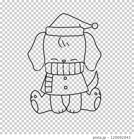 A dog is wearing a hat and a scarf and is sitting on the ground A dog is wearing a hat and a scarf and is sitting on the ground 120092843