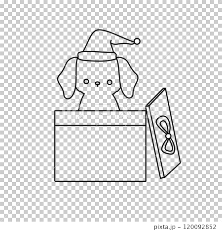 A dog is sitting in a box with a hat on his head 120092852