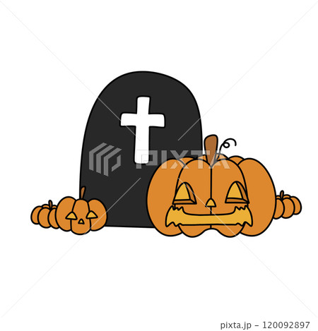 A pumpkin is laying on top of a gravestone with a cross on it A pumpkin is laying on top of a gravestone with a cross on it 120092897
