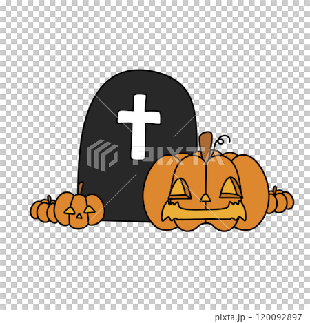 A pumpkin is laying on top of a gravestone with a cross on it A pumpkin is laying on top of a gravestone with a cross on it 120092897