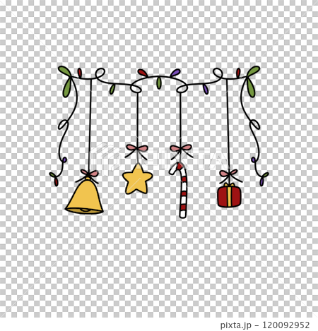 A Christmas decoration with a bell, star, and candy cane hanging from a string 120092952