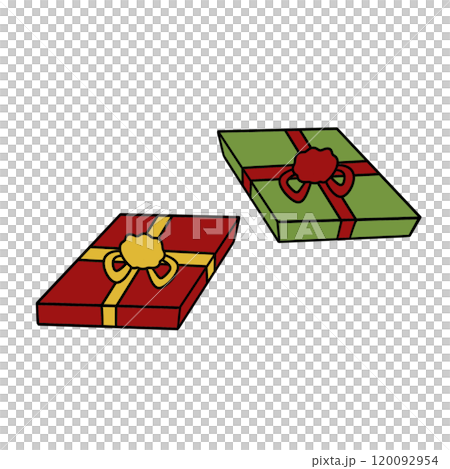 Two boxes of gifts with red and green ribbons 120092954